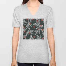 Christmas Holiday Snowy Pine Tree Branches & Holly Pattern V Neck T Shirt