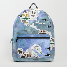 Cartoon animal world map, back to school. Animals from all over the world, blue watercolor  Backpack