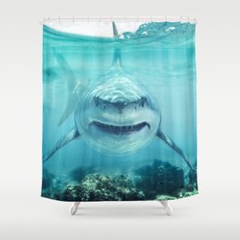 A predator great white shark swimming in the ocean Shower Curtain