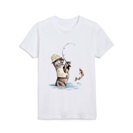 " Natures Fisherman " fishing river otter with trout Kids T Shirt