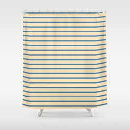 [ Thumbnail: Blue and Beige Colored Lined/Striped Pattern Shower Curtain ]