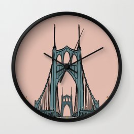 St. Johns Bridge Illustration Pink PDX Wall Clock