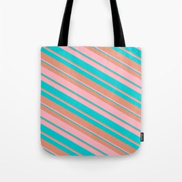 [ Thumbnail: Dark Salmon, Light Pink & Dark Turquoise Colored Stripes Pattern Tote Bag ]