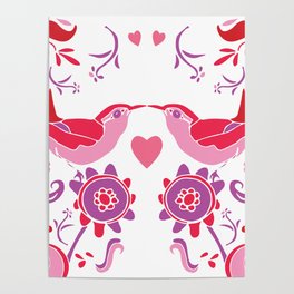 Kissing Birds with Hearts, Valentine's Day Pink and Red Poster