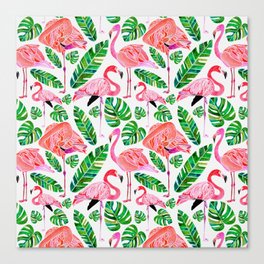 Flamingos and Tropical Leaves Pattern Canvas Print