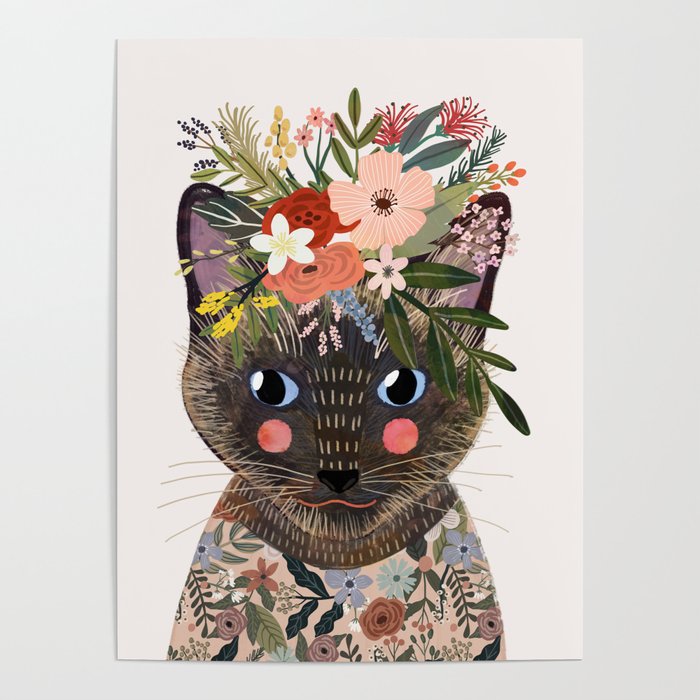 Siamese Cat with Flowers Poster