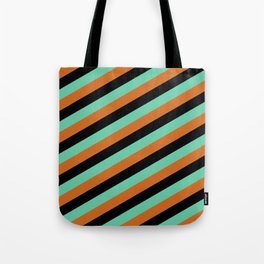 [ Thumbnail: Black, Aquamarine, and Chocolate Colored Pattern of Stripes Tote Bag ]