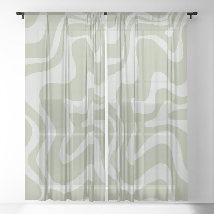Liquid Swirl Retro Abstract Pattern in Sage Green and Light Sage Gray Sheer Curtain