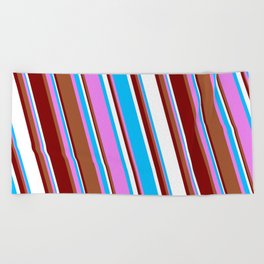 [ Thumbnail: Vibrant Violet, Sienna, Maroon, White, and Deep Sky Blue Colored Stripes Pattern Beach Towel ]