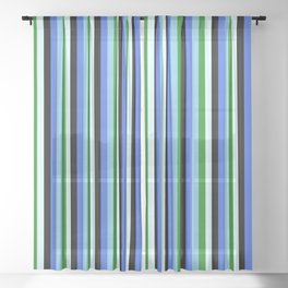 [ Thumbnail: Eyecatching Royal Blue, Sky Blue, Forest Green, Light Cyan, and Black Colored Lines/Stripes Pattern Sheer Curtain ]