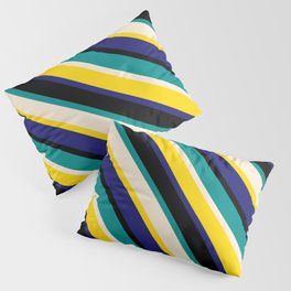 [ Thumbnail: Eye-catching Dark Cyan, Beige, Yellow, Midnight Blue, and Black Colored Lined Pattern Pillow Sham ]