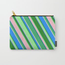 [ Thumbnail: Eye-catching Forest Green, Sea Green, Green, Pink & Blue Colored Lined/Striped Pattern Carry-All Pouch ]
