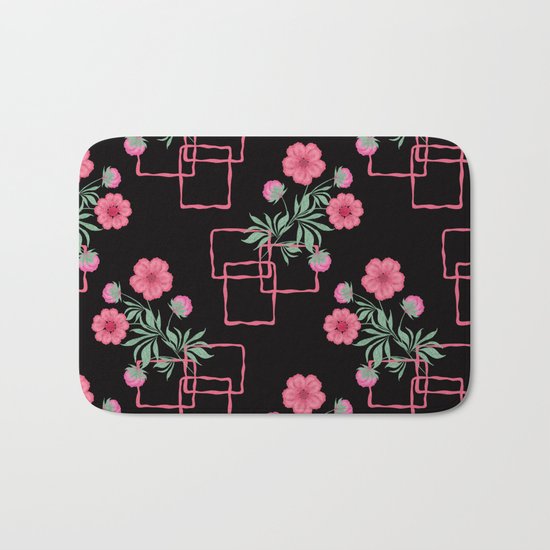 Red ,pink flowers on black background . Bath Mat