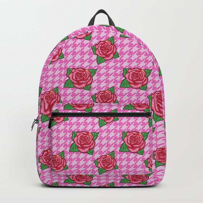 Sequin Roses on Houndstooth Pattern Backpack