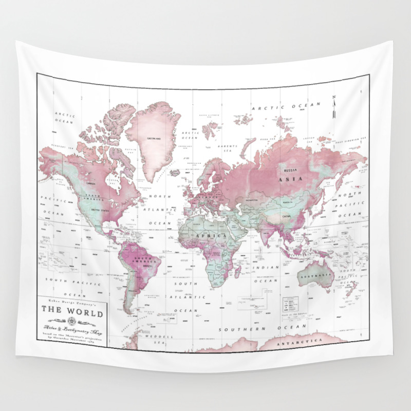 World Map Wall Tapestry World Map Wall Art [Pink Hues] Wall Tapestry by kokuadesigncompany 