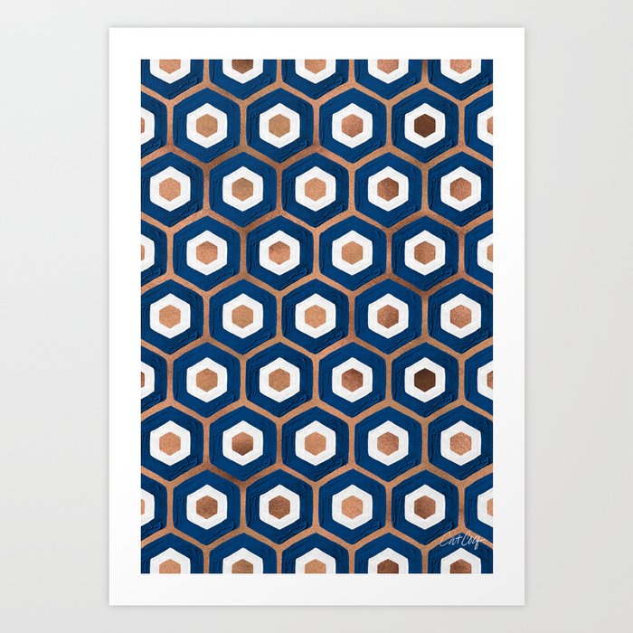 Hexagon Honeycomb Pattern – Denim & Rose Gold Palette Art Print