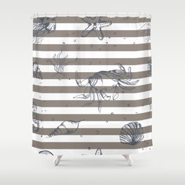 Sea Life on Pale Brown Stripes Shower Curtain | Swimming, Background, Watercolor, Shells, Summer, Wildlife, Horse, Marine, Species, Pattern 