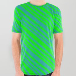 [ Thumbnail: Lime & Light Sea Green Colored Lined Pattern All Over Graphic Tee ]