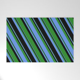 [ Thumbnail: Forest Green, Cornflower Blue & Black Colored Lines Pattern Welcome Mat ]