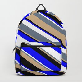 [ Thumbnail: Vibrant Slate Gray, Tan, Black, Blue, and White Colored Striped/Lined Pattern Backpack ]
