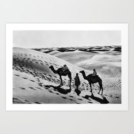 Bedouins with two camels, Arabian Desert black and white photography - black and white photographs Art Print