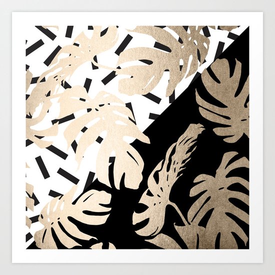 Simply Tropical Midnight Black Memphis Palm Leaves Art Print