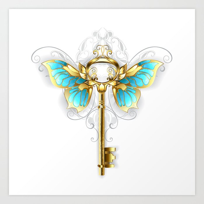 Golden Key with Butterfly Wings Art Print