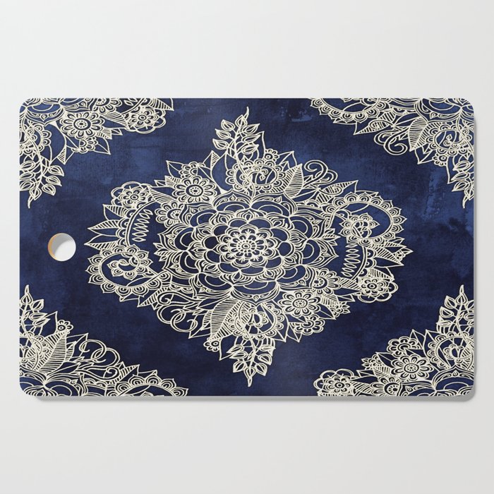 Cream Floral Moroccan Pattern on Deep Indigo Ink Wall