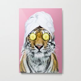 Tiger in a Towel Metal Print | Cute, Spa, Wellness, Bathroom, Funny, Animal, Cat, Cucumber, Color, Relax 
