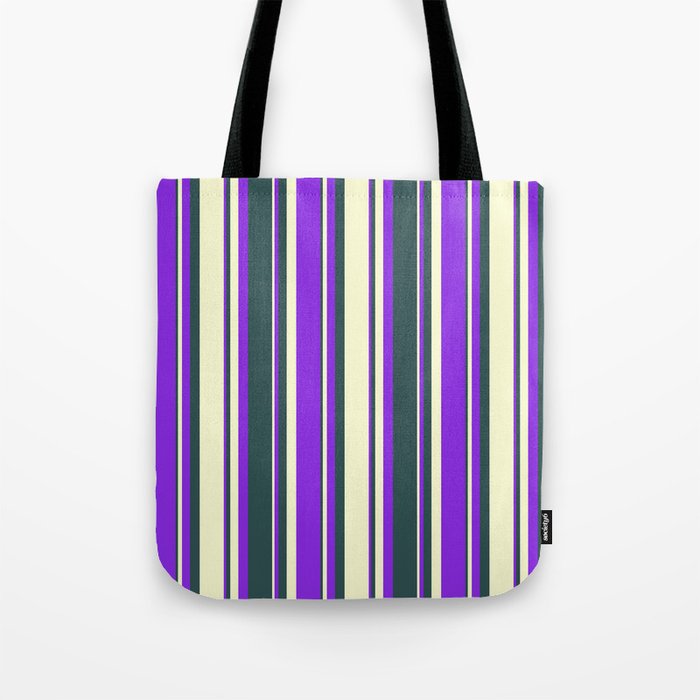 Dark Slate Gray, Light Yellow, and Purple Colored Lines/Stripes Pattern Tote Bag