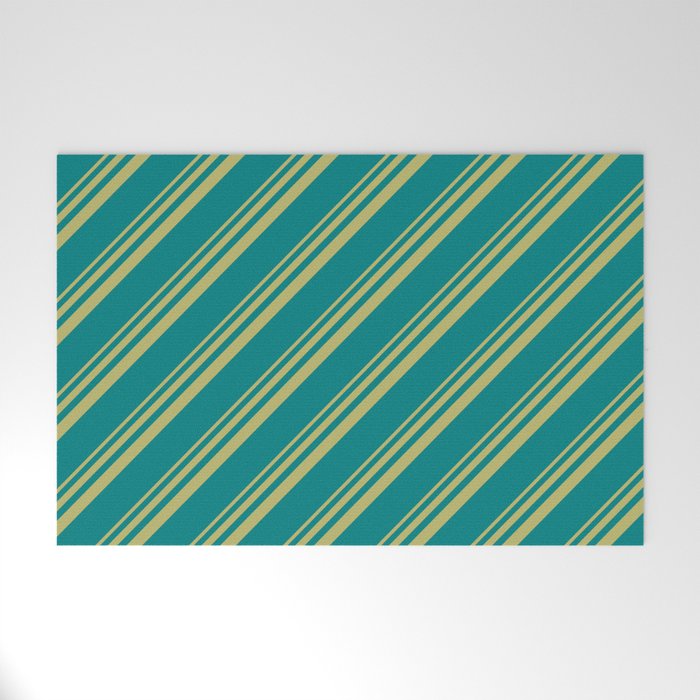 Dark Khaki and Teal Colored Stripes/Lines Pattern Welcome Mat