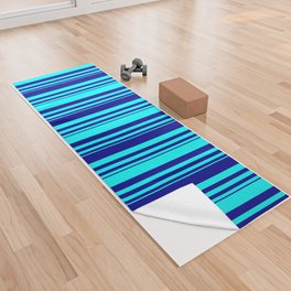[ Thumbnail: Aqua & Dark Blue Colored Stripes/Lines Pattern Yoga Towel ]