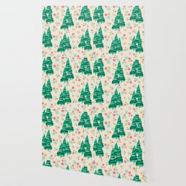 Pine Trees and Snow Flakes (Cream) Wallpaper