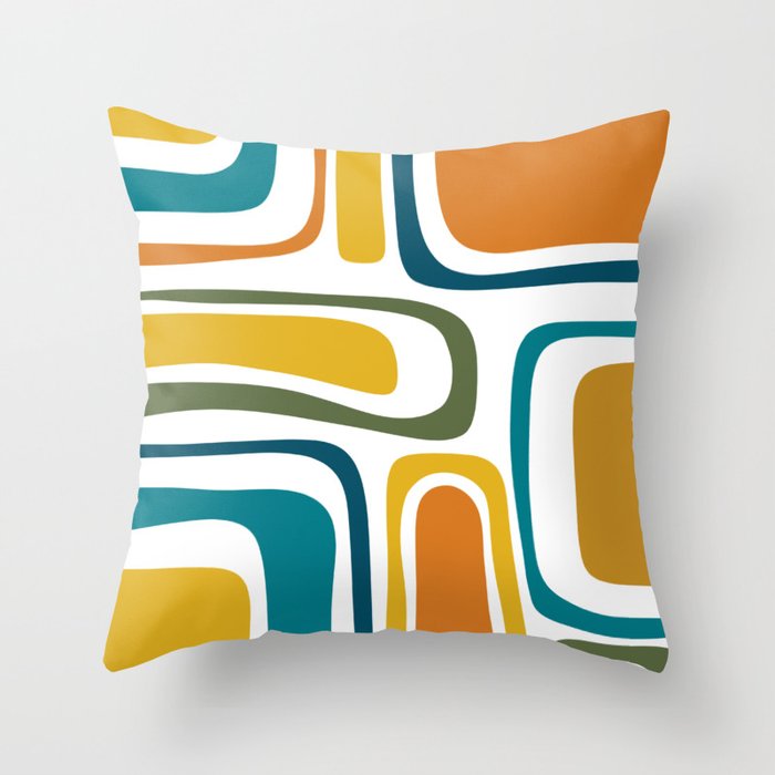 Palm Springs Midcentury Modern Abstract in Moroccan Teal, Orange, Mustard, Olive, and White Throw Pillow