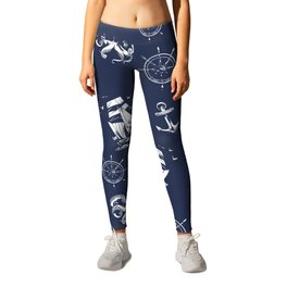 Navy Blue And White Silhouettes Of Vintage Nautical Pattern Leggings