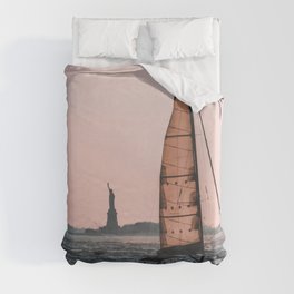 Statue of Liberty and sailing boat in New York City Duvet Cover