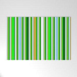 [ Thumbnail: Eyecatching Lime, Goldenrod, Light Sky Blue, White, and Dark Green Colored Pattern of Stripes Welcome Mat ]