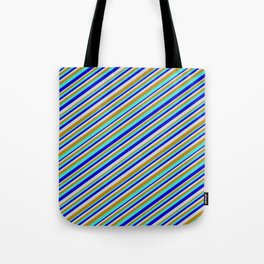 [ Thumbnail: Turquoise, Blue, Light Gray & Dark Goldenrod Colored Pattern of Stripes Tote Bag ]