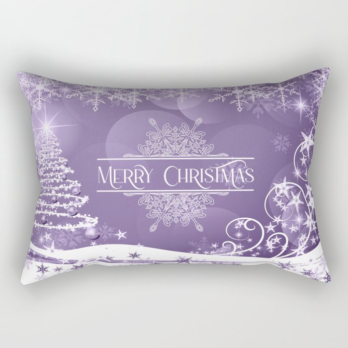 Merry Christmas, Christmas Tree, Snowflakes, Flowers and Stars on Purple Rectangular Pillow