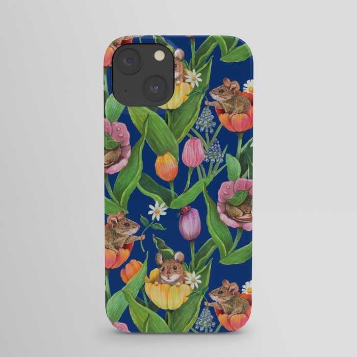Spring Tulips with Cute Mouse - blue iPhone Case