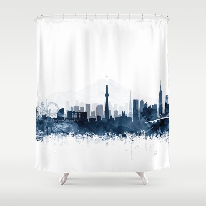 Tokyo Skyline Navy Blue Watercolor by Zouzounio Art Shower Curtain