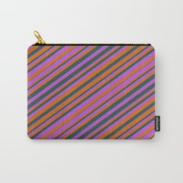 [ Thumbnail: Chocolate, Dark Slate Gray, and Orchid Colored Striped Pattern Carry-All Pouch ]