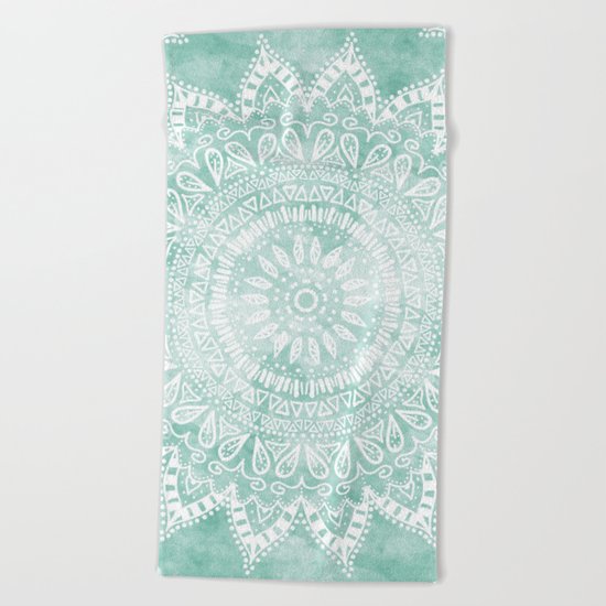 BOHEMIAN FLOWER MANDALA IN TEAL Beach Towel