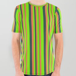[ Thumbnail: Chartreuse, Coral, and Dark Slate Gray Colored Lines/Stripes Pattern All Over Graphic Tee ]