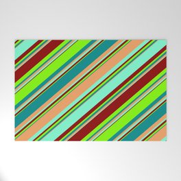 [ Thumbnail: Eyecatching Dark Cyan, Brown, Aquamarine, Dark Red, and Chartreuse Colored Striped/Lined Pattern Welcome Mat ]