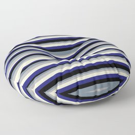 [ Thumbnail: Colorful Slate Gray, Dark Gray, Light Yellow, Midnight Blue, and Black Colored Lined/Striped Pattern Floor Pillow ]