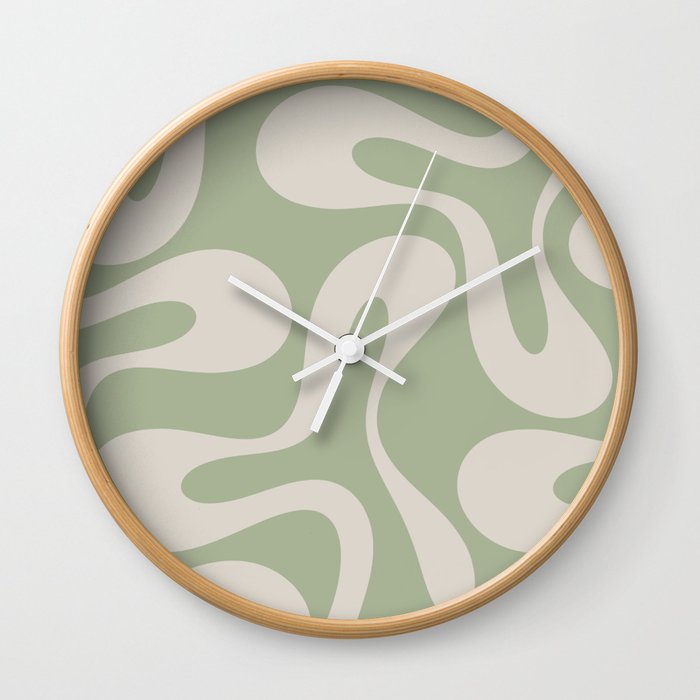 Soft Curves Retro Modern Abstract Pattern in Sage Green and Almond Beige Wall Clock