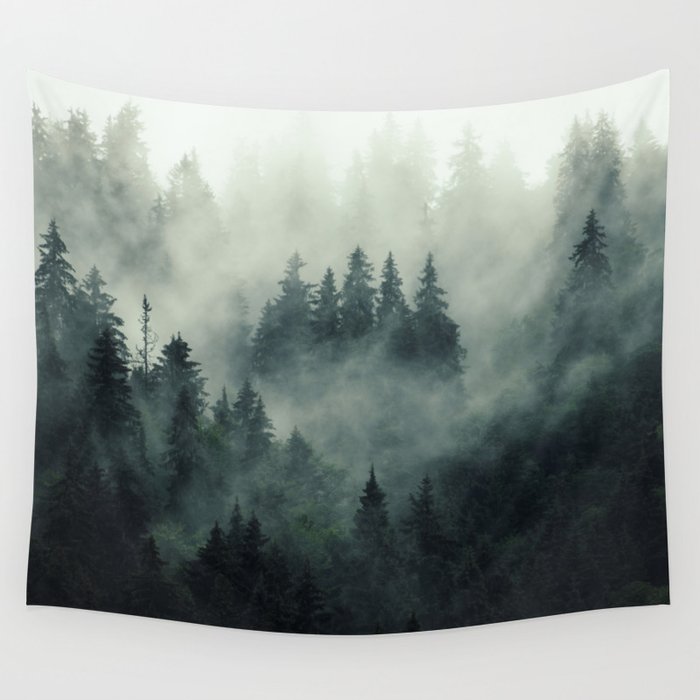 Green misty mountain pine forest in cloudy and rainy - vintage style photo Wall Tapestry