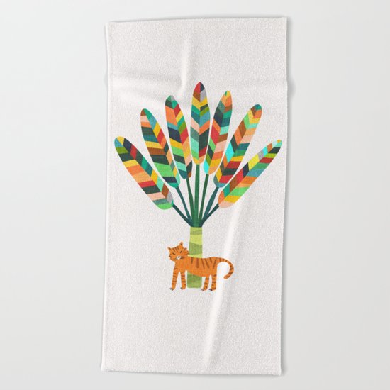 Whimsical travelers palm with tiger Beach Towel