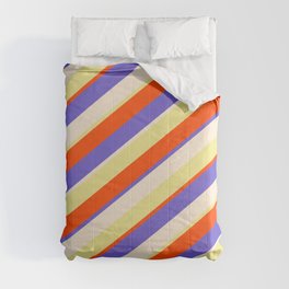 [ Thumbnail: Red, Slate Blue, Beige, and Tan Colored Lines/Stripes Pattern Comforter ]